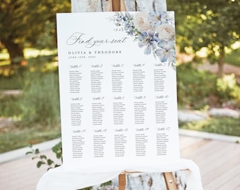 Dusty Blue Wedding Seating Chart Template, Printable Ivory Floral Large Guest Seating Chart Sign, Editable Boho Garden Table Seating Board