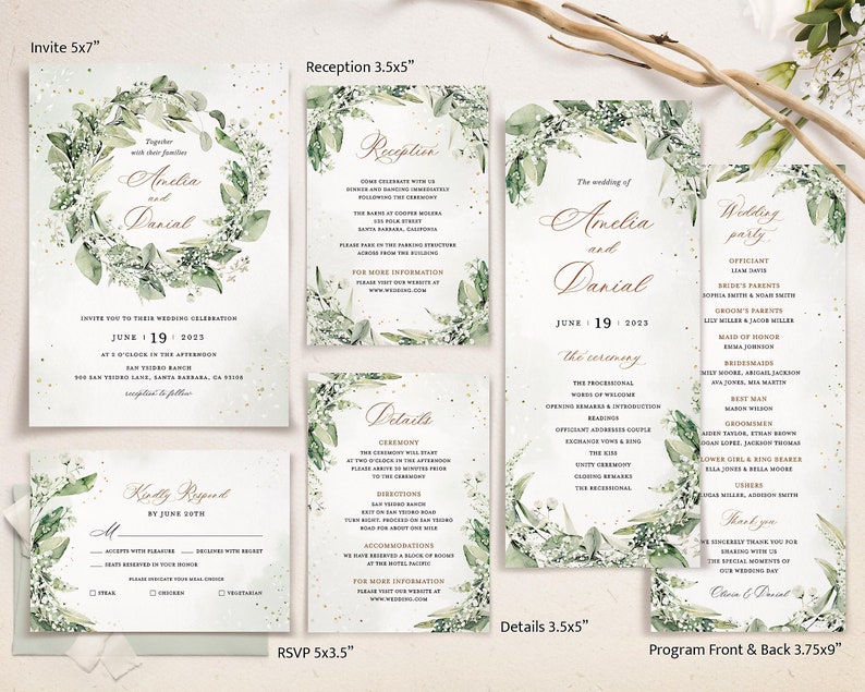 Rustic Greenery Wedding Invitation Template Bundle, Sage Green Wedding Invite, Elegant Wedding Invitation Set, Printable Wedding Card, Ella image 2