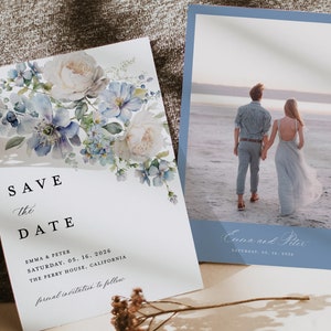 Dusty Blue Ivory Save The Date Cards Template, Photo Floral Light Blue Wedding Save The Dates, Elegant Boho Garden Save The Date, Download