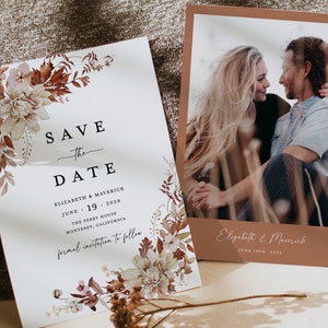 Modèle de cartes de réservation en terre cuite d'automne, photo mariage rustique, réservez des dates, Boho automne beige verdure, cartes de réserve florales
