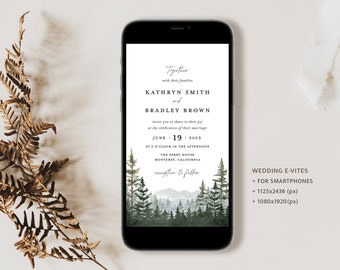 Invitación electrónica de boda de montaña, Evite Woodland Forest Pine, plantilla de invitación de iphone de salvia rústica, invitación editable de teléfono inteligente digital