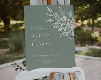 Minimalistische Hochzeit Willkommensschild Vorlage, Salbei grün bearbeitbares Schild, Eukalyptus Greenery Empfangsdekorschild, druckbare große Beschilderung, Cloe