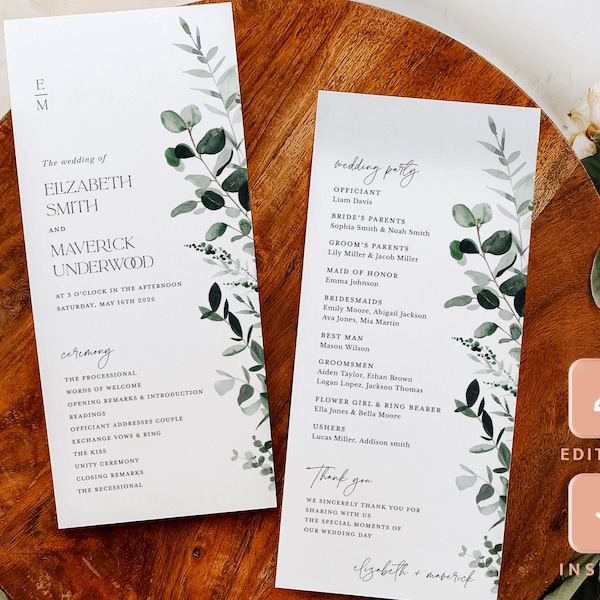 Sage Green Wedding Programs Template, Ceremony Modern Minimal Program, Printable Rustic Greenery Botanical Itinerary, Instant Download