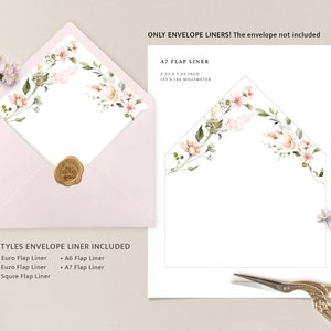 May include: Five styles of envelope liners with a floral design in shades of pink and green. The liners are available in A6 Euro Flap, A6 Flap, A7 Euro Flap, A7 Flap, and A7 Square Flap sizes. The text "ONLY ENVELOPE LINERS! The envelope not included" and "A7 FLAP LINER 5.25 X 7.25 INCH 153 X 154 MILLIMETER" is printed on the image.