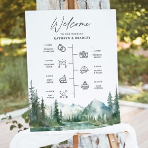 Modello di cartello di benvenuto per la cronologia delle nozze al lago di montagna, poster del programma Woodland Forest, itinerario del giorno delle nozze modificabile e stampabile Rustic Sage