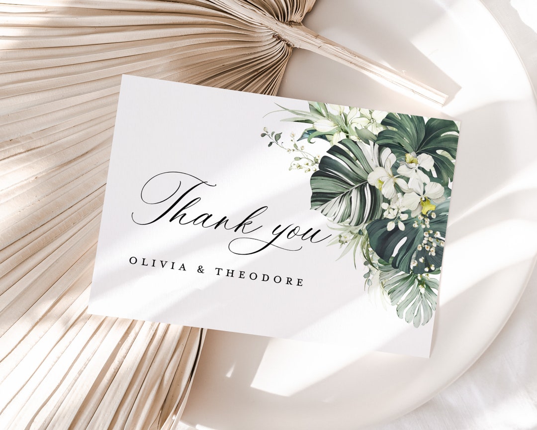 Tropical Wedding Thank You Card Template, Monstera Sage Thank You Note ...