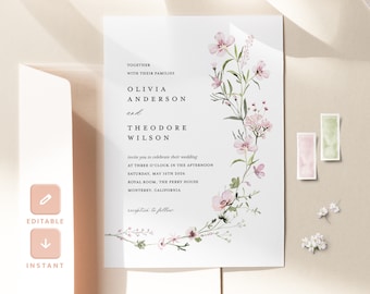 Blush Pink Wedding Invitation Template, Boho Floral Wedding Invite, Sage Wildflower Editable Invitation, Minimalist Elegant Printable invite