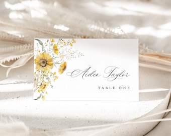 Sunflower Wedding Place Card Template, Wildflower Name Escort Card, Boho Sage Yellow Floral Table Place Cards With Meal Choice, Download