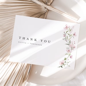 Erröten Blumen Minimal Hochzeit Danke Kartenvorlage, Rosa Moderne Dankeschön Notiz, Boho Wildblume Personalisierte Danke Tisch Platzkarte