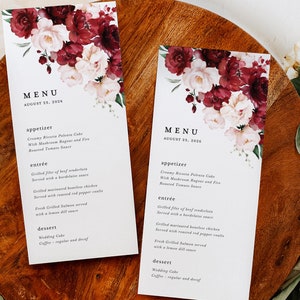 Burgundy Wedding Menu Template, Blush Pink Reception Menu Cards, Boho ...