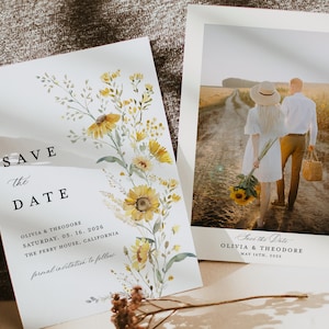 Sonnenblume Save The Date Karten Vorlage, Foto Boho Wildblumen Hochzeit Save The Dates, Salbei Gelb Blumen Save The Date Karten, Download