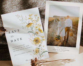 Sunflower Save The Date Cards Template, Photo Boho Wildflower Wedding Save The Dates, Sage Yellow Floral Save The Date Cards, Download