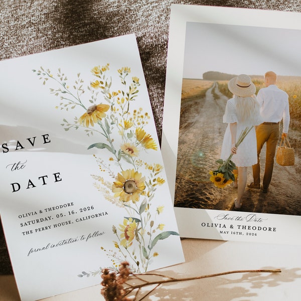 Sunflower Save The Date Cards Template, Photo Boho Wildflower Wedding Save The Dates, Sage Yellow Floral Save The Date Cards, Download