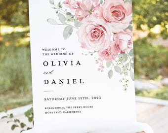 Blush Pink Wedding Welcome Sign Template, Floral Sage Sign, Printable Elegant Boho Greenery Rose Reception Decor Large Signage, Download