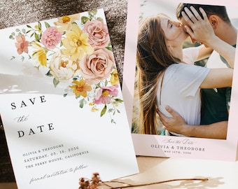 Colorful Pastel Save The Date Cards Template, Photo Floral Pink Yellow Wedding Save The Dates, Boho Blush Spring Garden Save The Date Cards