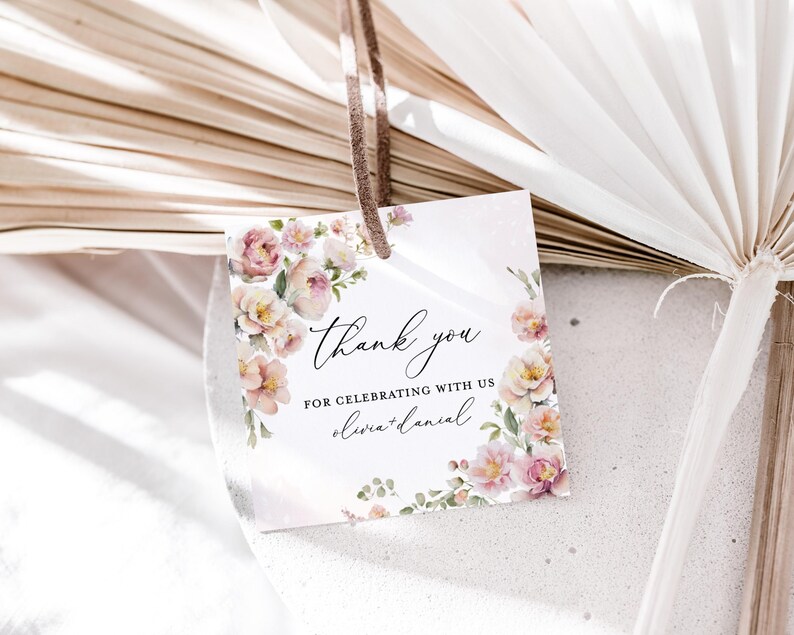 Blush Pink Wedding Favors Tags Template, Boho Floral Thank You Tag ...