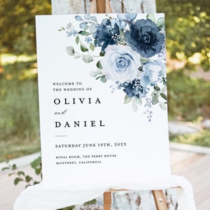 Dusty Blue Navy Wedding Welcome Sign Template, Boho Floral Reception Decor Sign, Printable Elegant Steel Light Blue Rose Large Signage