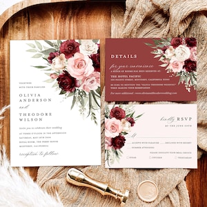 Burgundy Wedding Invitation Template, Boho Blush Pink Rose Wedding Invite Suite, Sage Marsala Floral Details Card, Printable RSVP, Download