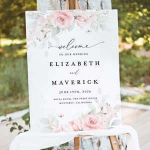 Blush Pink Wedding Welcome Sign Template, Sage Blush Floral Sign, Printable Boho Elegant Rose Reception Decor Large Signage, Download