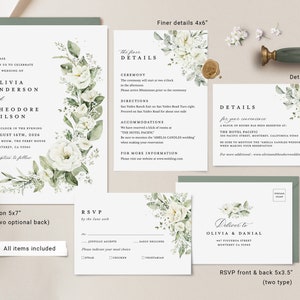 May include: Wedding invitation suite with white flowers and green foliage. The invitation is 5x7 inches, the RSVP card is 5x3.5 inches, and the details card is 4x6 inches. The invitation includes the couple's names, wedding date, time, and location. The RSVP card includes a place for guests to indicate their meal choice. The details card includes information about the ceremony, directions, accommodations, and contact information.