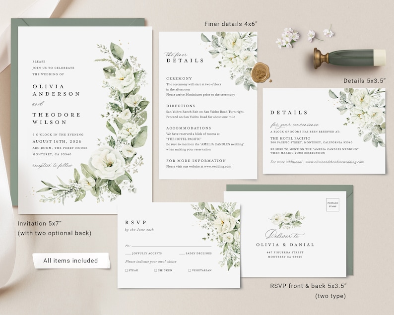 May include: Wedding invitation suite with white flowers and green foliage. The invitation is 5x7 inches, the RSVP card is 5x3.5 inches, and the details card is 4x6 inches. The invitation includes the couple's names, wedding date, time, and location. The RSVP card includes a place for guests to indicate their meal choice. The details card includes information about the ceremony, directions, accommodations, and contact information.