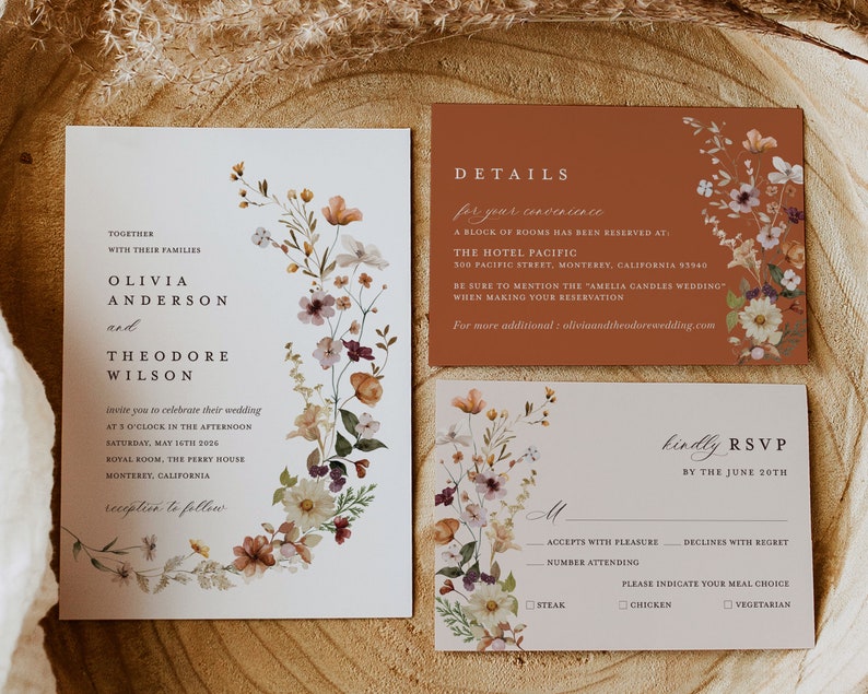 Terracotta Wedding Invitation Template Set, Boho Wildflower Wedding Invite Suite, Modern Elegant Floral Burnt Orange Details, RSVP, Download image 8