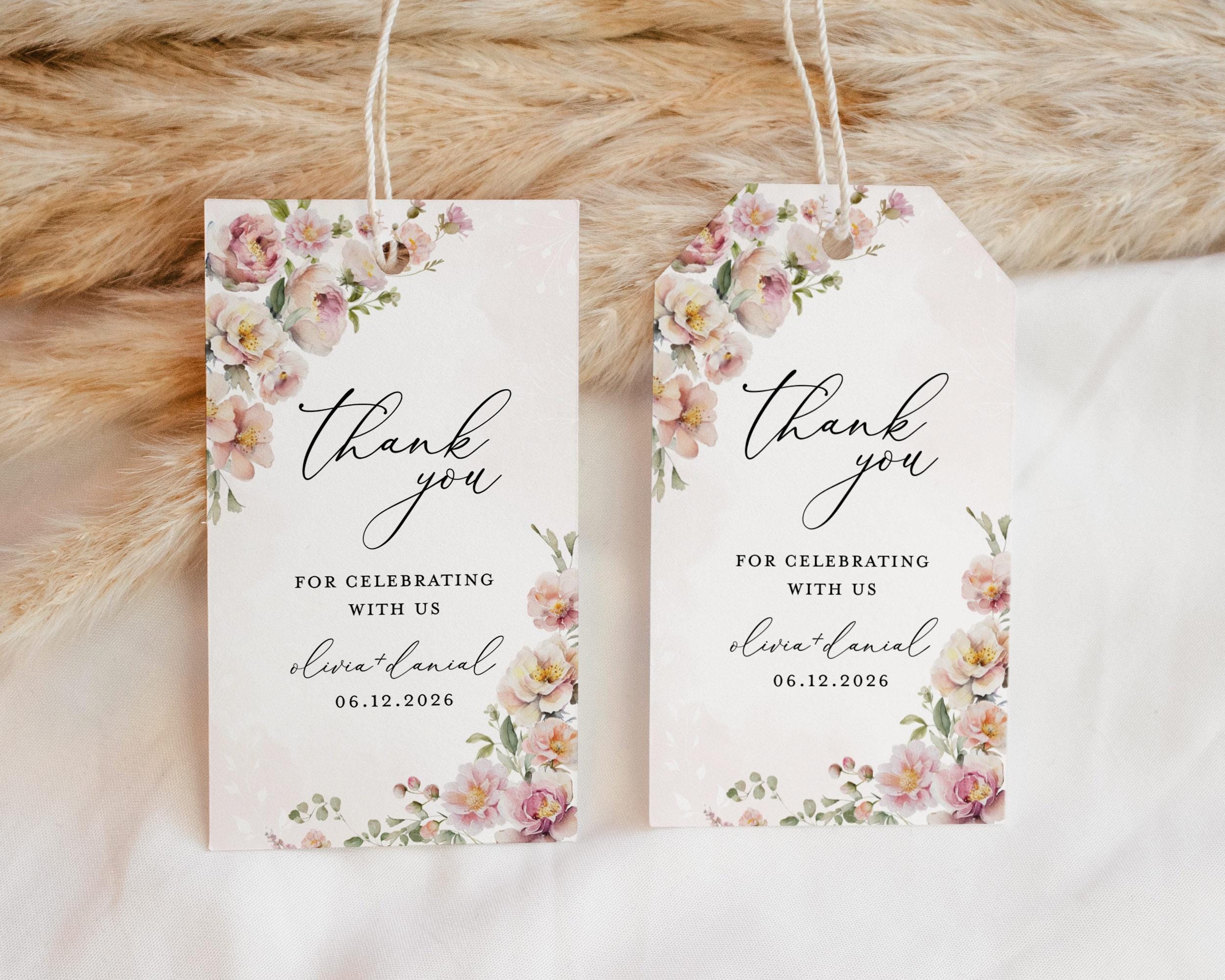 Blush Pink Wedding Favors Tags Template, Boho Floral Thank You Tag ...