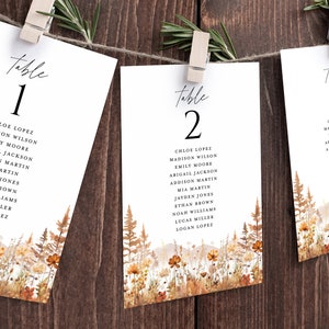 Fall Mountain Wedding Zitplaats Grafiek Kaartsjabloon, Wildflower Terracotta Tafelnummers, Rustiek Bos Hangend Gast Zitbord, Download