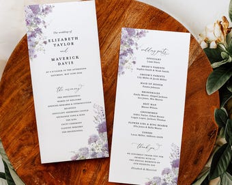 May include: Wedding ceremony program with purple floral design. The program includes the order of events for the ceremony, the officiant's name, and the names of the bride's and groom's parents. The program also includes a thank you message from the couple.