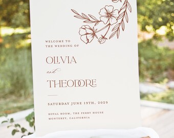 Modello di cartello di benvenuto per matrimonio floreale in terracotta, cartello decorativo per ricevimento beige moderno, minimalista ed elegante, segnaletica semplice e grande stampabile