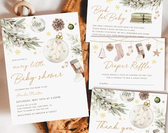 May include: A set of baby shower invitations with a winter theme. The invitation features text, a baby onesie in a clear ornament, and decorative elements. Includes a "Book for Baby" card, a "Diaper Raffle" card, and a "Thank You" card.