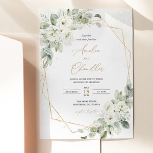 Geometric White Floral Wedding Invitation Template, Gold and White Wedding Invite Card, Elegant Sage Green Invitations, Printable, Elena image 2