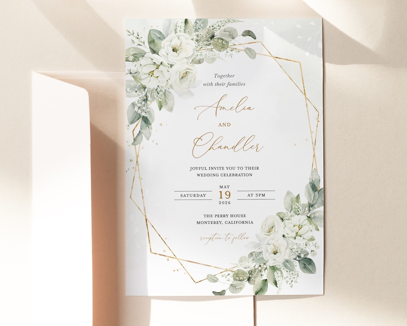 Geometric White Floral Wedding Invitation Template, Gold and White Wedding Invite Card, Elegant Sage Green Invitations, Printable, Elena image 2