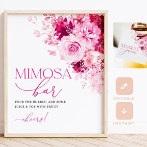 Hot Pink Mimosa Bar Sign, Printable Floral Blush Pink Bridal Shower Juice Tag, Editable Baby Shower Mimosa Sign and Tag, Instant Download