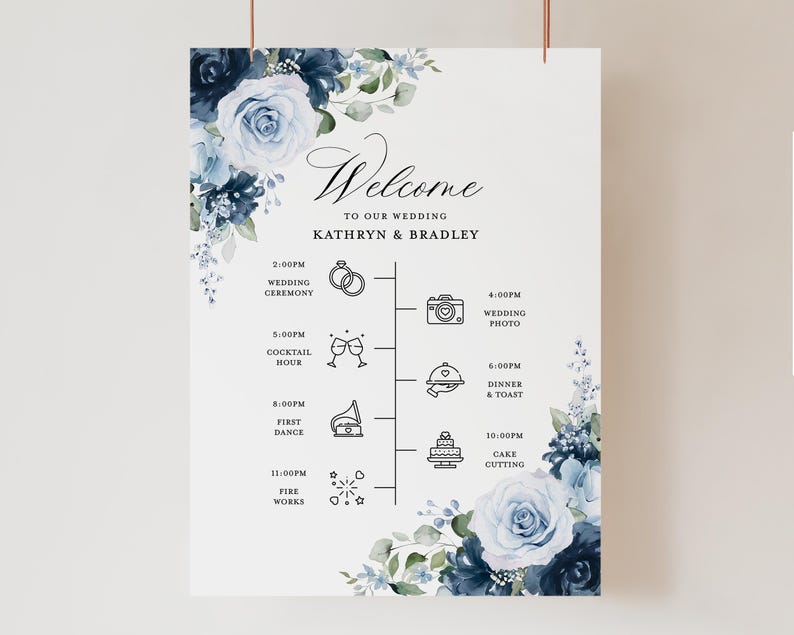 Dusty Blue Navy Wedding Timeline Welcome Sign Template, Floral Rose ...