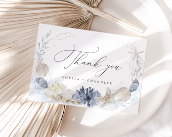 Boho Beach Ocean Wedding Thank You Card Template, Blue Thank You Note, Nautical Sea Shell Destination Thank You Table Place Card, Download