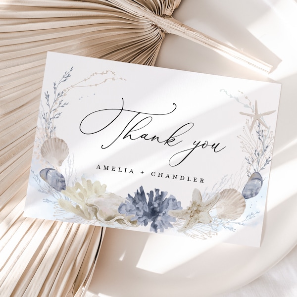 Boho Beach Ocean Wedding Thank You Card Template, Blue Thank You Note, Nautical Sea Shell Destination Thank You Table Place Card, Download