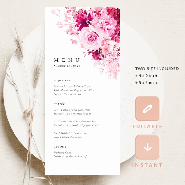 Hot Pink Wedding Menu Cards Template, Floral Reception Menu, Printable Elegant Bright Vibrant Magenta Fuchsia Rose Dinner Menu, Download
