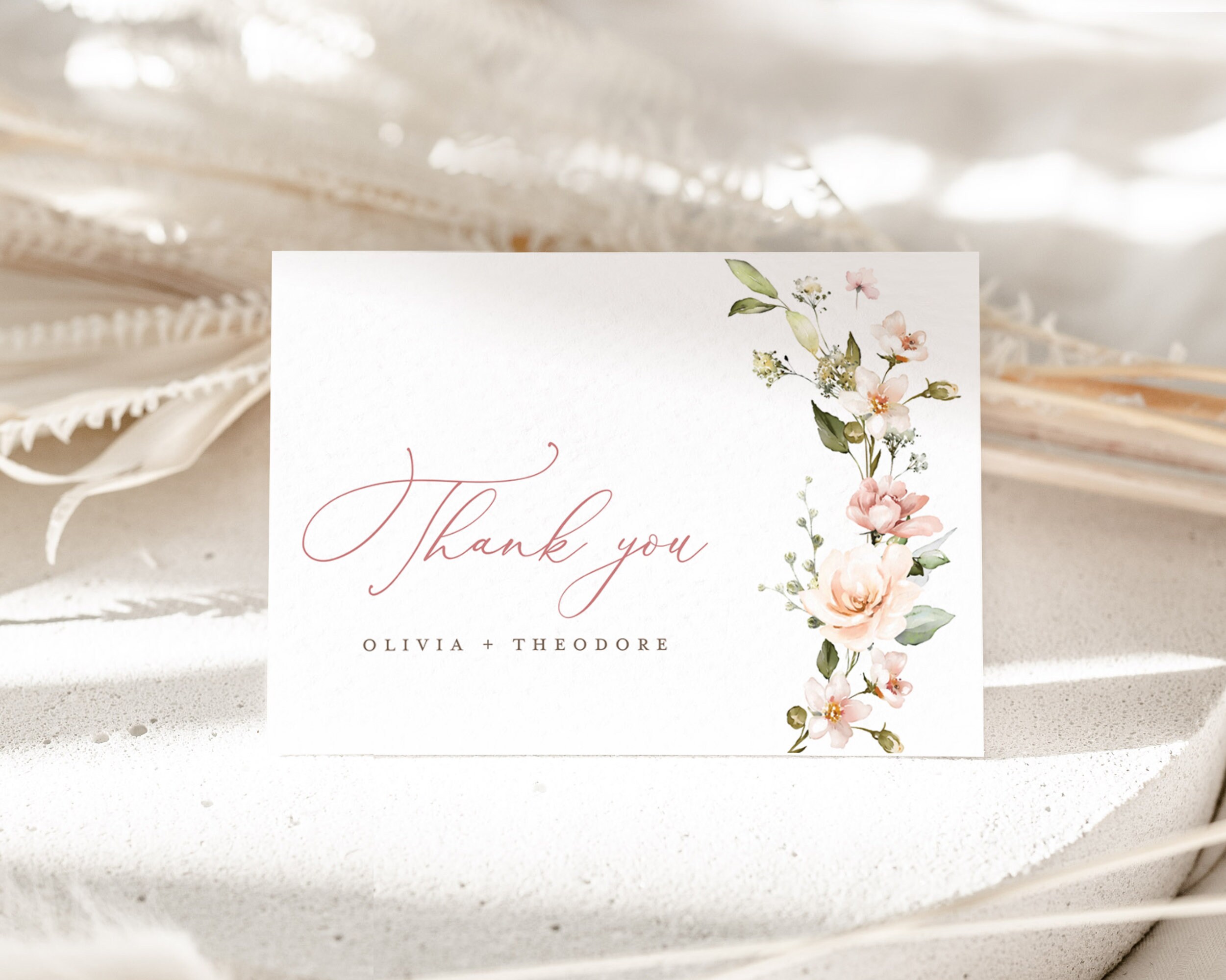 Boho Floral Wedding Thank You Card Template, Blush Pink Thank You Note ...