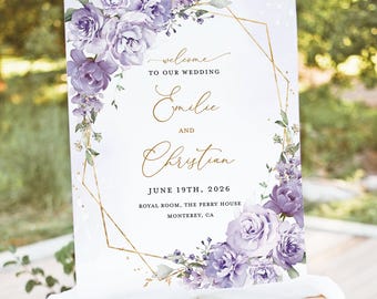 Lavender Wedding Welcome Sign Template, Lilac Floral Gold Reception Decor Sign, Printable Elegant Boho Purple Garden Large Signage, Download