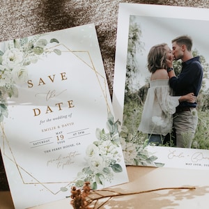 Sage Green Save The Date Template, branco floral foto casamento salve as datas, ouro geométrico elegante boho salve as datas, download