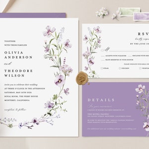 Lavender Minimalist Wedding Invitation Template, Sage Green Wedding Invite Set, Lilac Wildflower Boho Details Card, Printable DIY RSVP, Lana