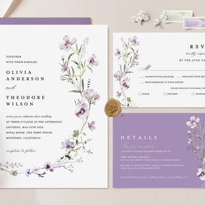 Lavendel minimalistische bruiloft uitnodiging sjabloon, salie groene bruiloft uitnodigen set, Lila Wildflower Boho details kaart, afdrukbare DIY RSVP, Lana