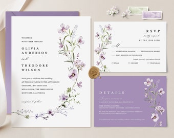 Lavendel Minimalist Hochzeitseinladung, Sage Grün Hochzeitseinladungs-Set, Lila Wildblumen Boho Details Karte, druckbare DIY Antwortkarte, Lana