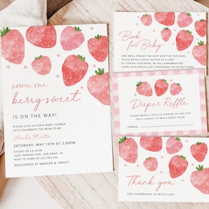 Zestaw zaproszeń na baby shower w kolorze truskawkowym, zestaw na baby shower w kolorze jagodowym, do wydrukowania, zaproszenia neutralne pod względem płci, do pobrania