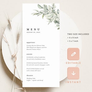 Szablon minimalistycznego menu weselnego w kolorze szałwii, nowoczesne karty menu weselnego z eukaliptusa, eleganckie menu kolacji boho z zielenią, do wydrukowania, Cloe