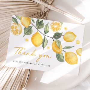 Szablon kartek z podziękowaniami na baby shower z cytryną, żółta notatka z podziękowaniami, do wydrukowania karta z podziękowaniami na baby shower z cytrynowym kwiatem, do pobrania
