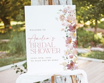 Bridal Shower Welcome Sign Template, Blush Pink Floral Boho Editable Bridal Brunch Sign, Wildflower Welcome Sign, Instant Download, Amy