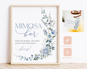 Dusty Blue Mimosa Bar Sign, Printable Wildflower Bridal Shower Juice Tag, Editable Floral Baby Shower Mimosa Sign and Tag, Instant Download