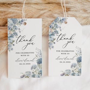 Dusty Blue Wedding Favors Tags Template, Boho Floral Thank You Tag, Printable Elegant Garden Light Steel Blue Shower Gift Square Circle Tag
